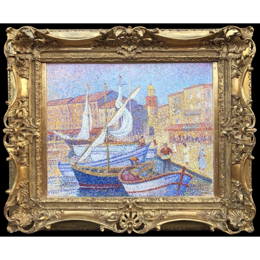 CANU Yvonne Le port de St Tropez animé Huile sur toile signée contresignée et titrée Certificat 11 CANU Yvonne Le port de St Tropez animé Huile sur toile signée contresignée et titrée Certificat 11