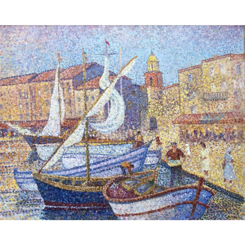 CANU Yvonne Le port de St Tropez animé Huile sur toile signée contresignée et titrée Certificat 13 CANU Yvonne Le port de St Tropez animé Huile sur toile signée contresignée et titrée Certificat 13