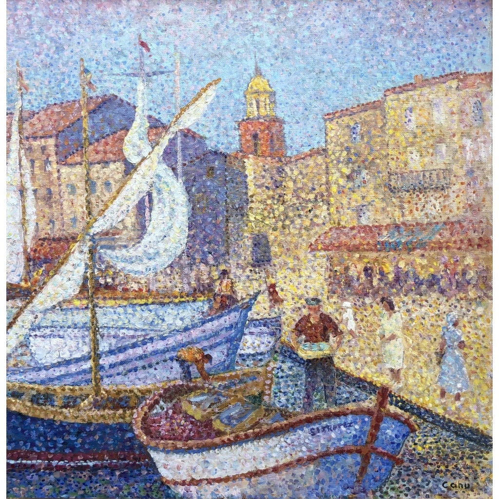 CANU Yvonne Le port de St Tropez animé Huile sur toile signée contresignée et titrée Certificat 14 CANU Yvonne Le port de St Tropez animé Huile sur toile signée contresignée et titrée Certificat 14
