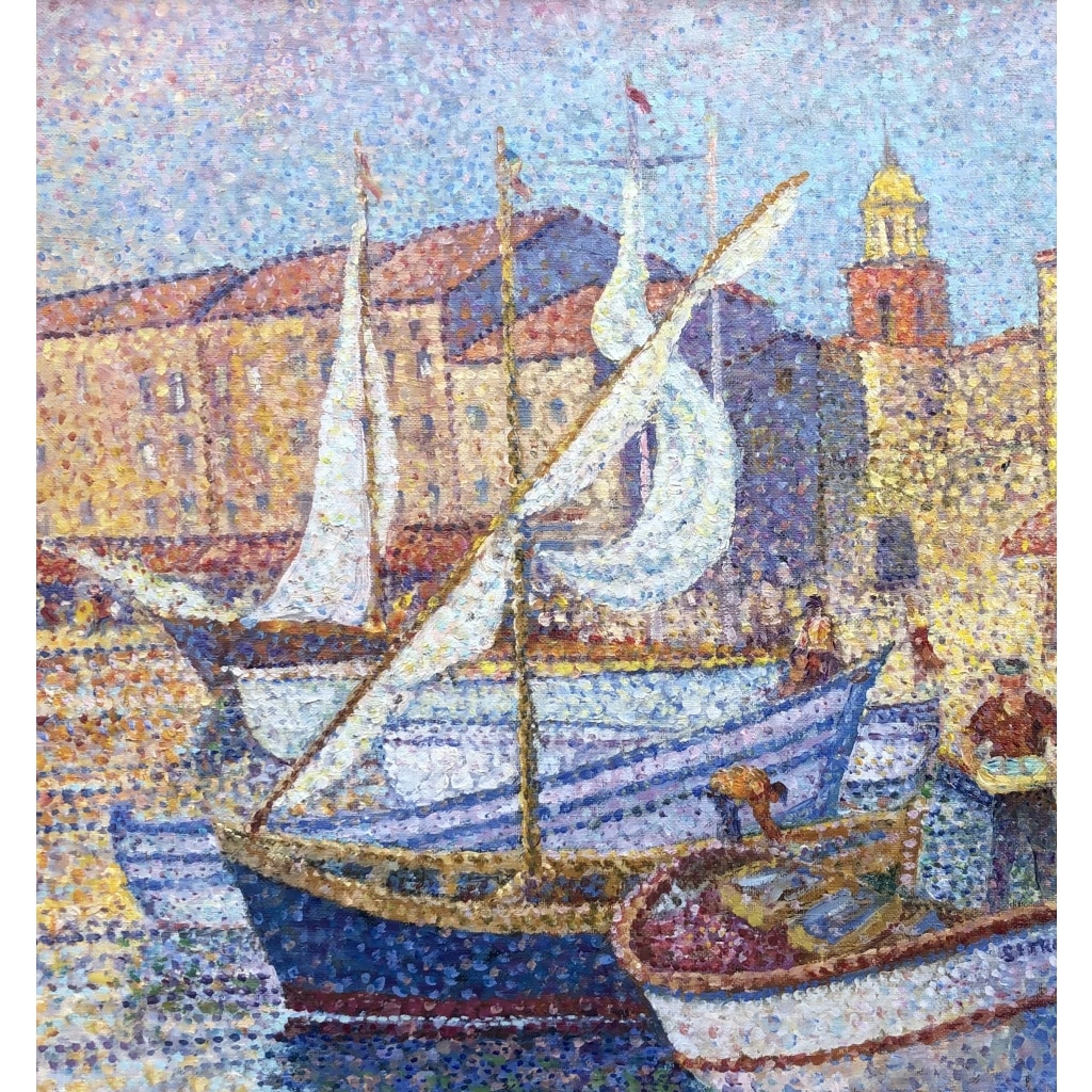 CANU Yvonne Le port de St Tropez animé Huile sur toile signée contresignée et titrée Certificat 5 CANU Yvonne Le port de St Tropez animé Huile sur toile signée contresignée et titrée Certificat 5