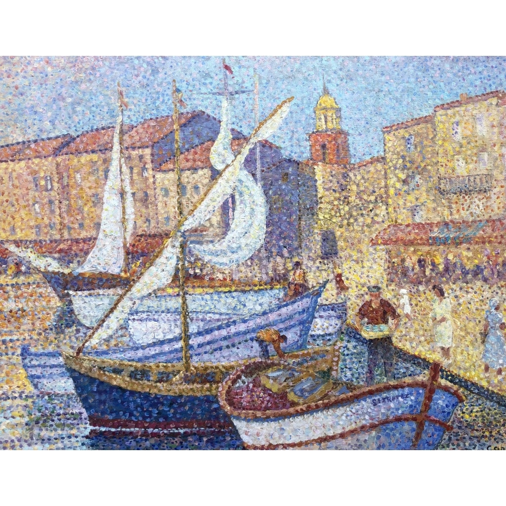CANU Yvonne Le port de St Tropez animé Huile sur toile signée contresignée et titrée Certificat 6 CANU Yvonne Le port de St Tropez animé Huile sur toile signée contresignée et titrée Certificat 6