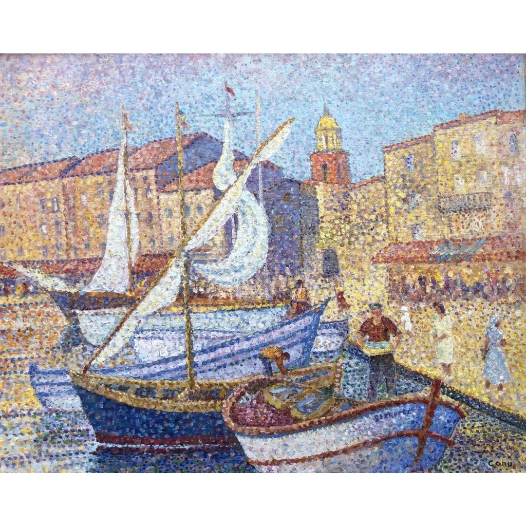 CANU Yvonne Le port de St Tropez animé Huile sur toile signée contresignée et titrée Certificat 7 CANU Yvonne Le port de St Tropez animé Huile sur toile signée contresignée et titrée Certificat 7