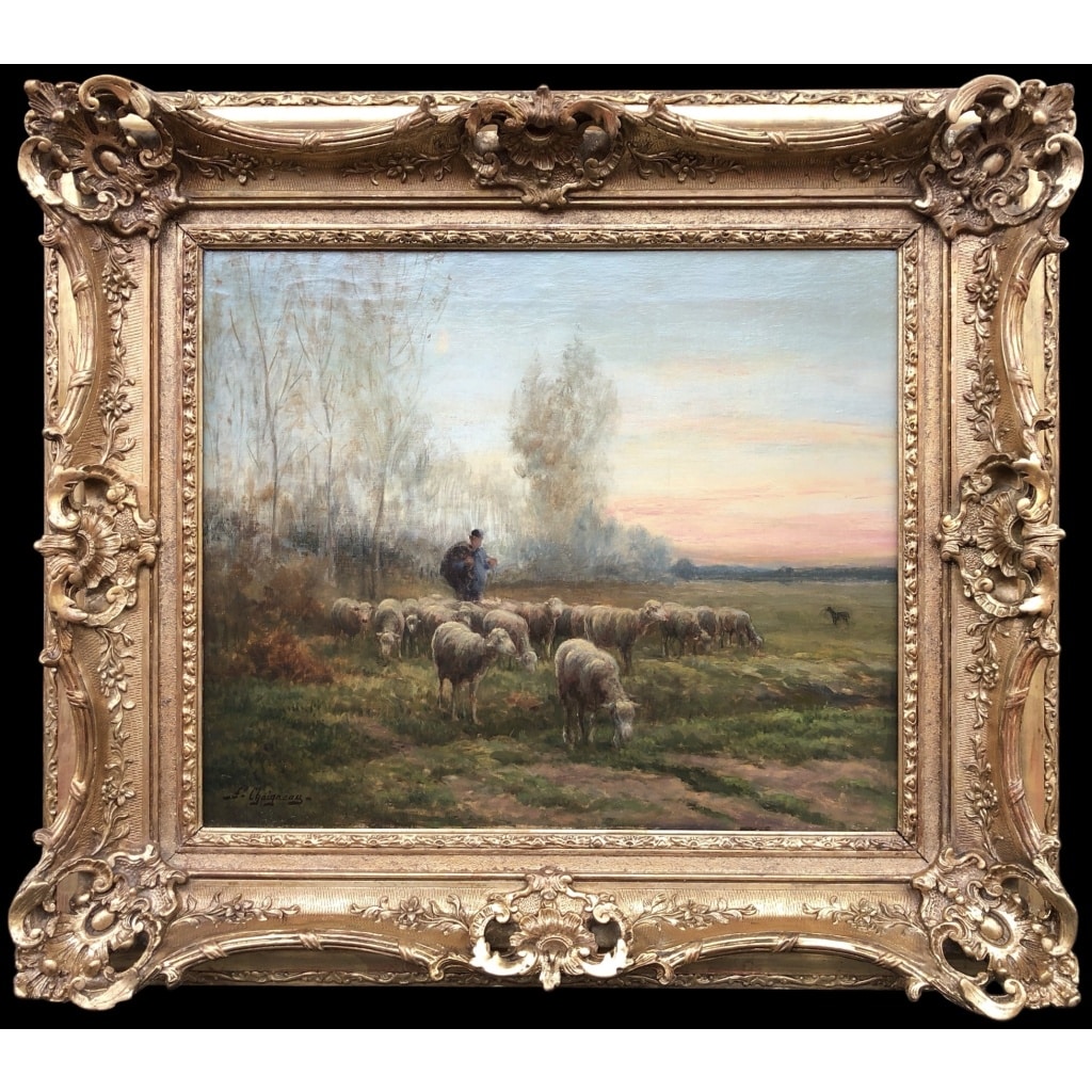 CHAIGNEAU JF Retour du berger et de son troupeau au soleil couchant Huile sur toile signée Certificat d’authenticité 9
