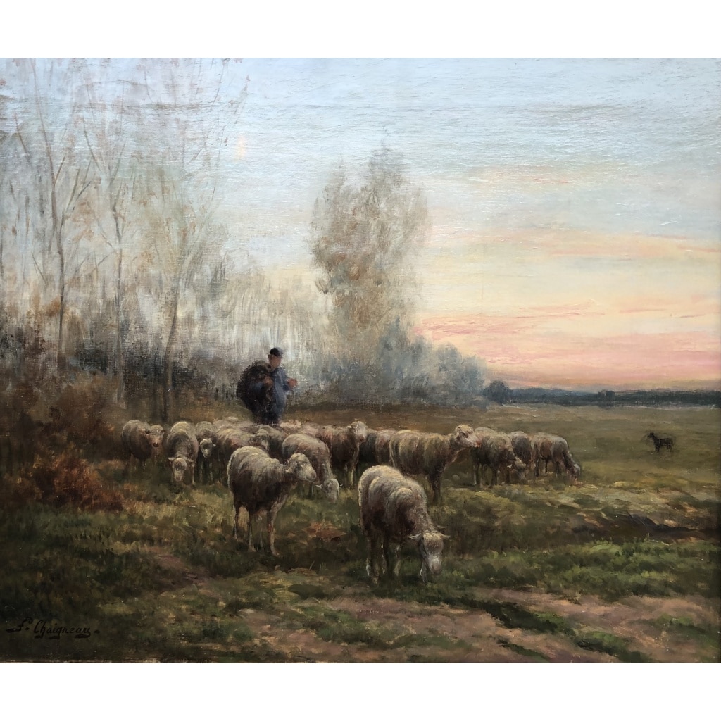 CHAIGNEAU JF Retour du berger et de son troupeau au soleil couchant Huile sur toile signée Certificat d’authenticité 10
