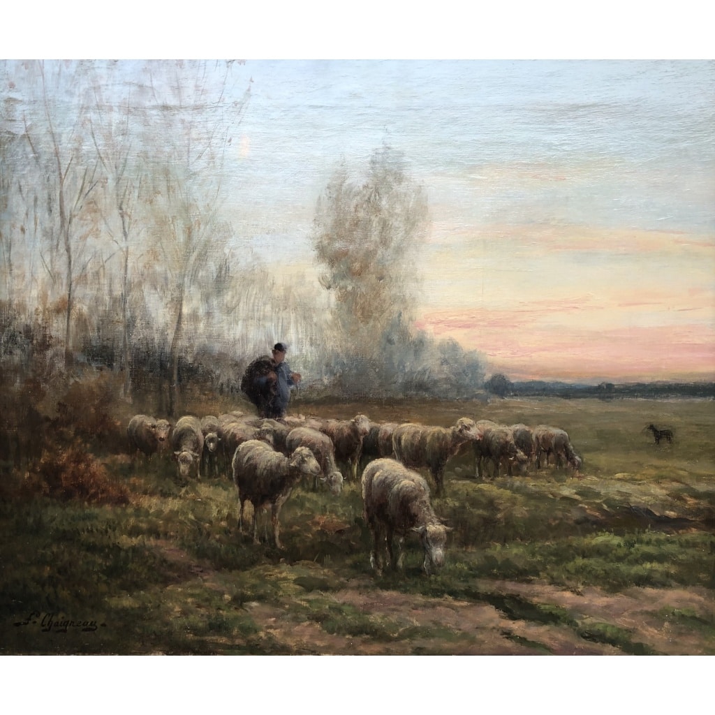 CHAIGNEAU JF Retour du berger et de son troupeau au soleil couchant Huile sur toile signée Certificat d’authenticité 11