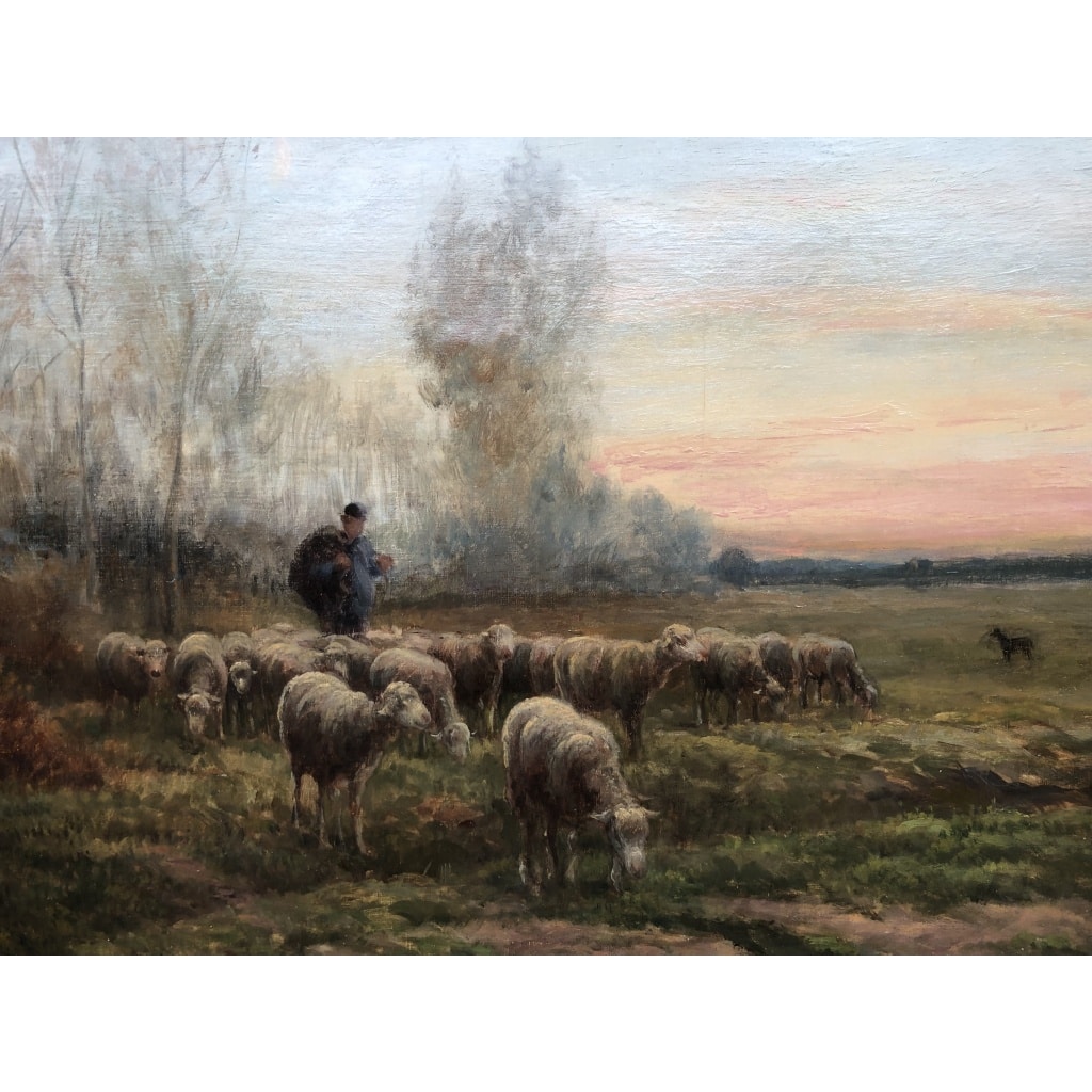 CHAIGNEAU JF Retour du berger et de son troupeau au soleil couchant Huile sur toile signée Certificat d’authenticité 6