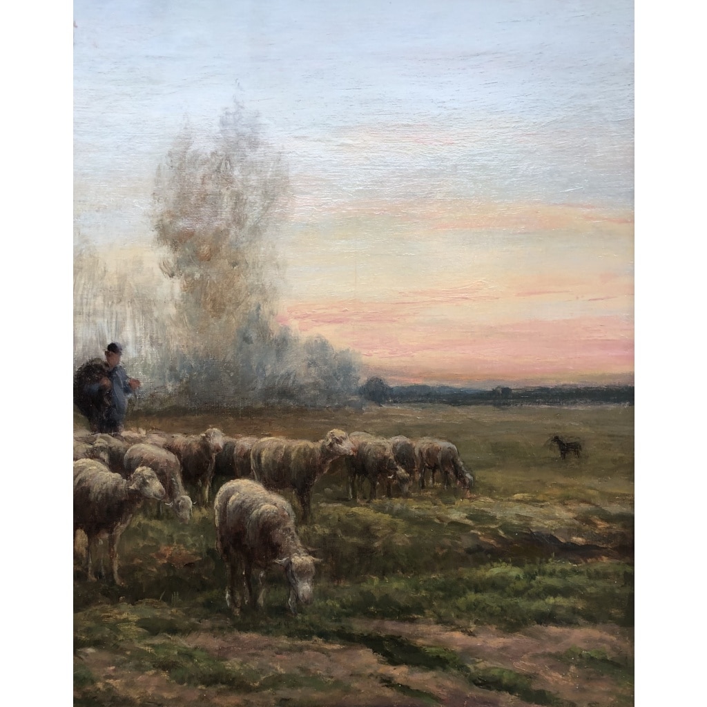CHAIGNEAU JF Retour du berger et de son troupeau au soleil couchant Huile sur toile signée Certificat d’authenticité 7