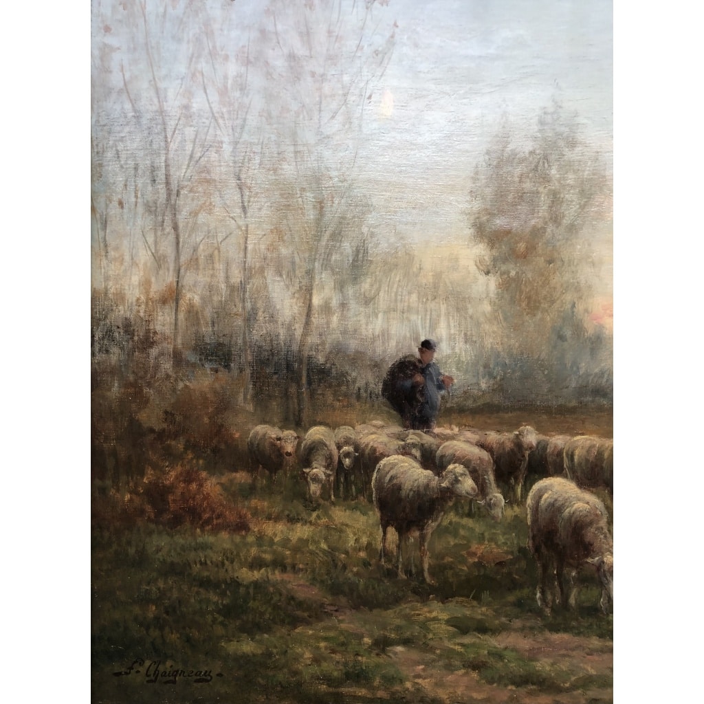 CHAIGNEAU JF Retour du berger et de son troupeau au soleil couchant Huile sur toile signée Certificat d’authenticité 8