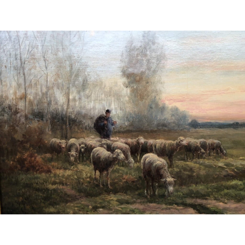 CHAIGNEAU JF Retour du berger et de son troupeau au soleil couchant Huile sur toile signée Certificat d’authenticité 13