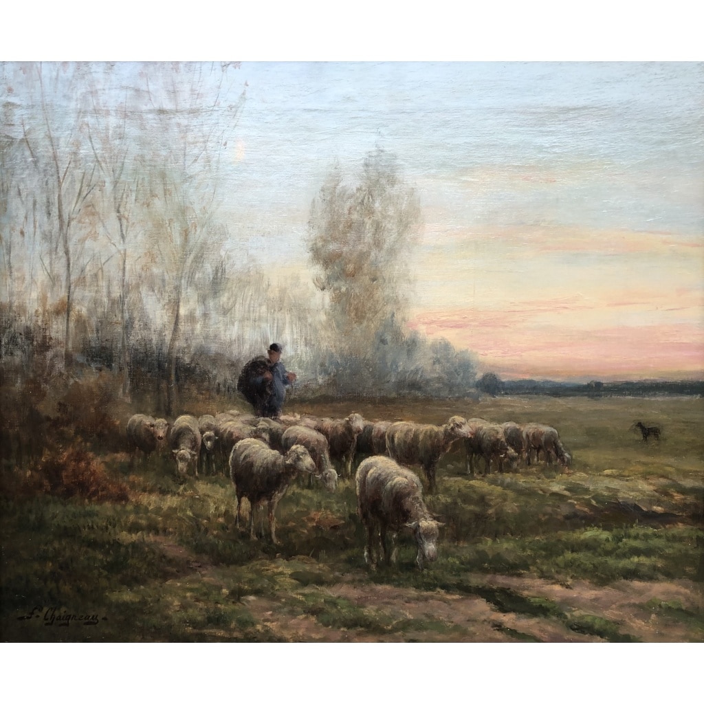 CHAIGNEAU JF Retour du berger et de son troupeau au soleil couchant Huile sur toile signée Certificat d’authenticité 5