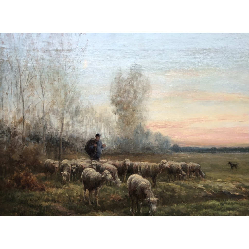 CHAIGNEAU JF Retour du berger et de son troupeau au soleil couchant Huile sur toile signée Certificat d’authenticité 4