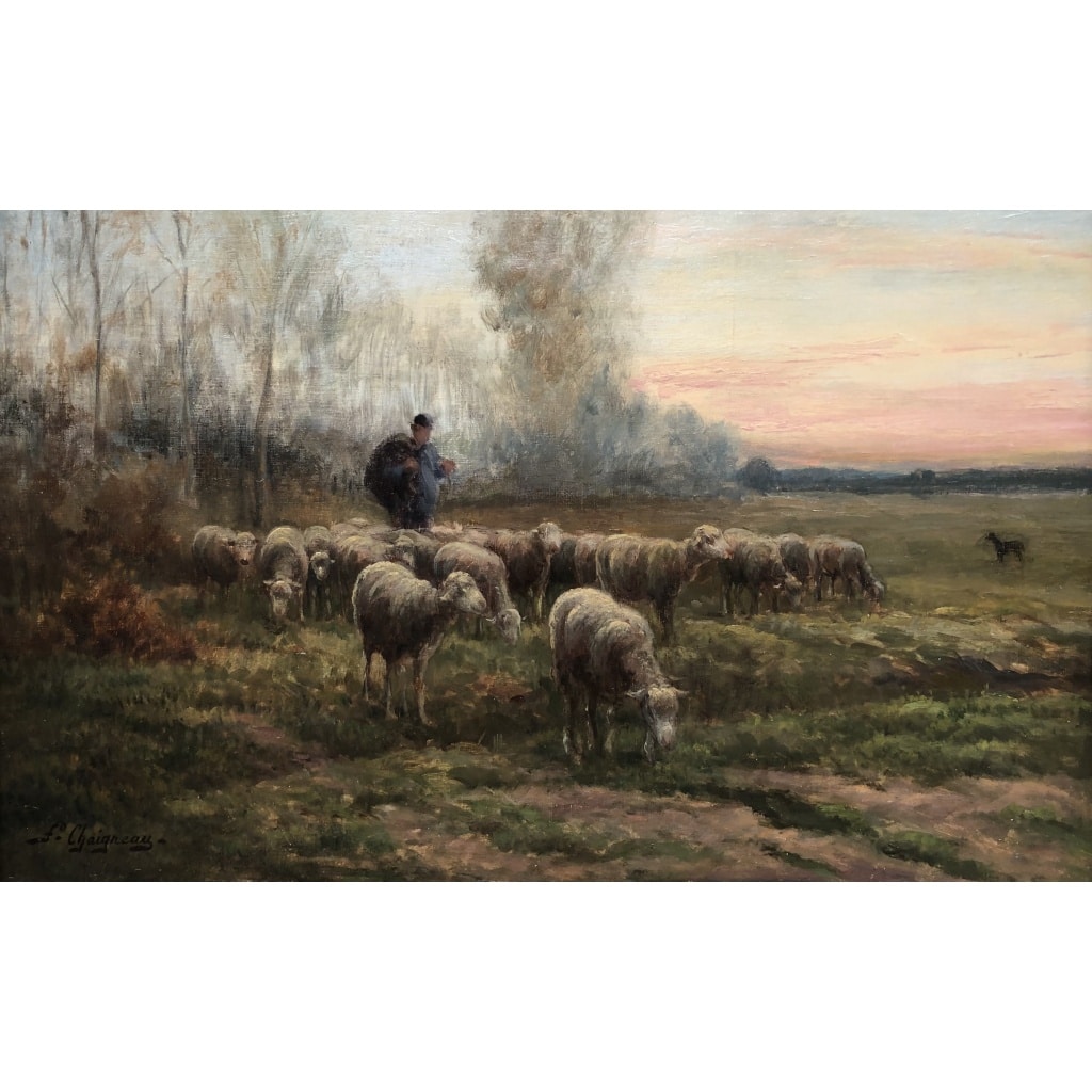 CHAIGNEAU JF Retour du berger et de son troupeau au soleil couchant Huile sur toile signée Certificat d’authenticité 3