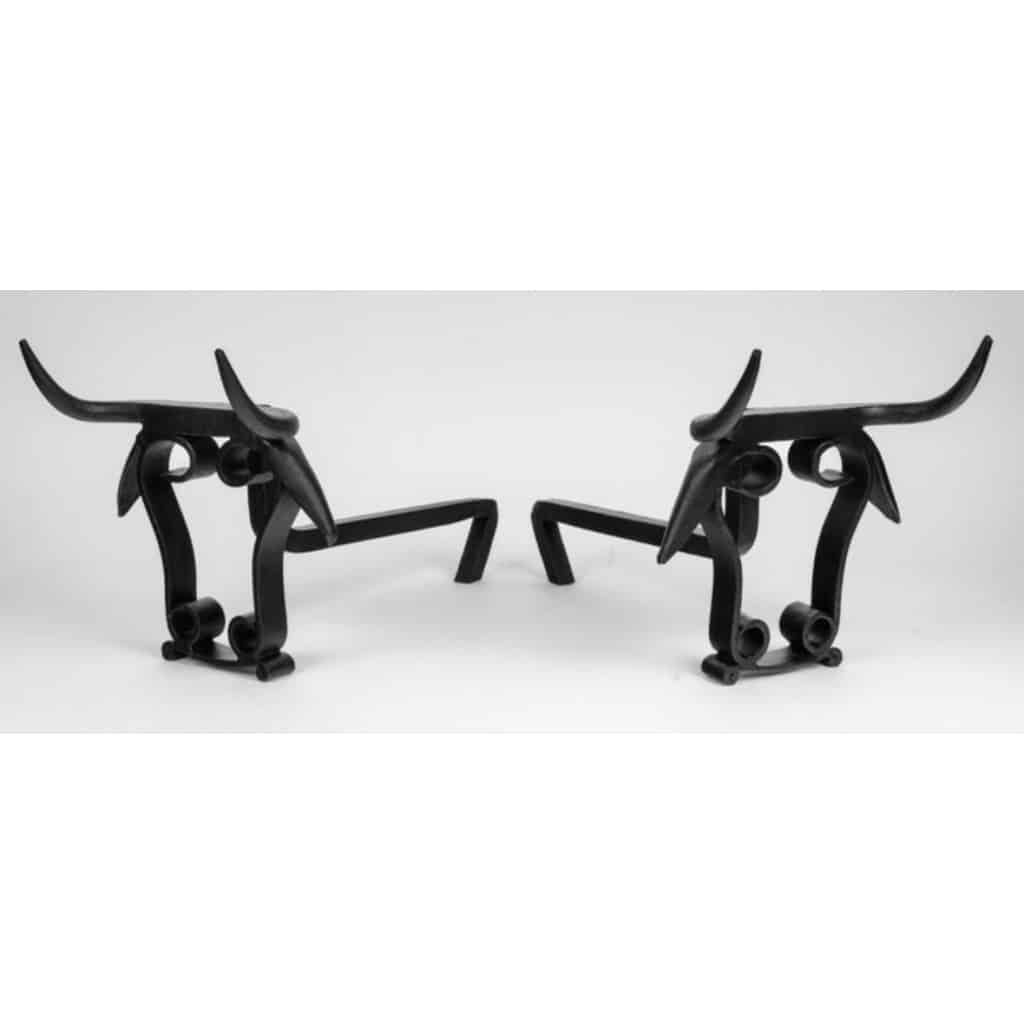 1950 Paire rare de chenets en fer forgé en forme de tête de taureau, ateliers de Vallauris 3