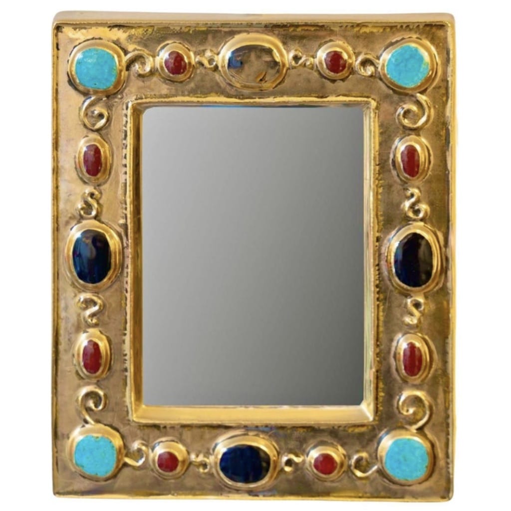 1960 Miroir en céramique dorée imitant des bijoux intégrés, signé François Lembo 2 1960 Miroir en céramique dorée imitant des bijoux intégrés, signé François Lembo 2