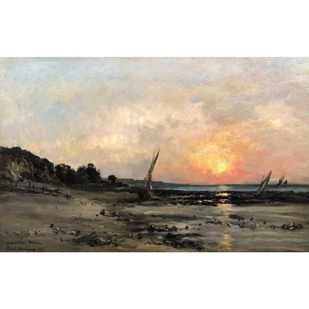 DAUBIGNY Karl Soleil couchant en bord de mer Huile sur toile signée datée dédicacée Certificat d’authenticité. 4 DAUBIGNY Karl Soleil couchant en bord de mer Huile sur toile signée datée dédicacée Certificat d’authenticité. 4