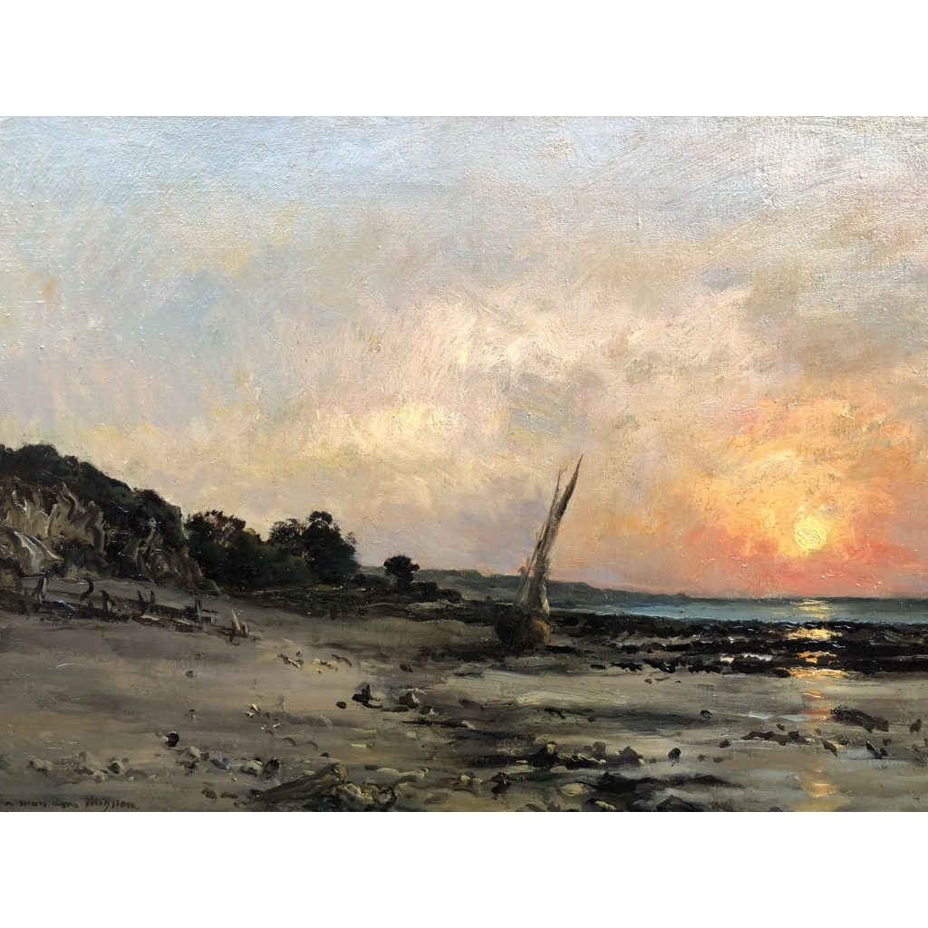 DAUBIGNY Karl Soleil couchant en bord de mer Huile sur toile signée datée dédicacée Certificat d’authenticité. 9 DAUBIGNY Karl Soleil couchant en bord de mer Huile sur toile signée datée dédicacée Certificat d’authenticité. 9
