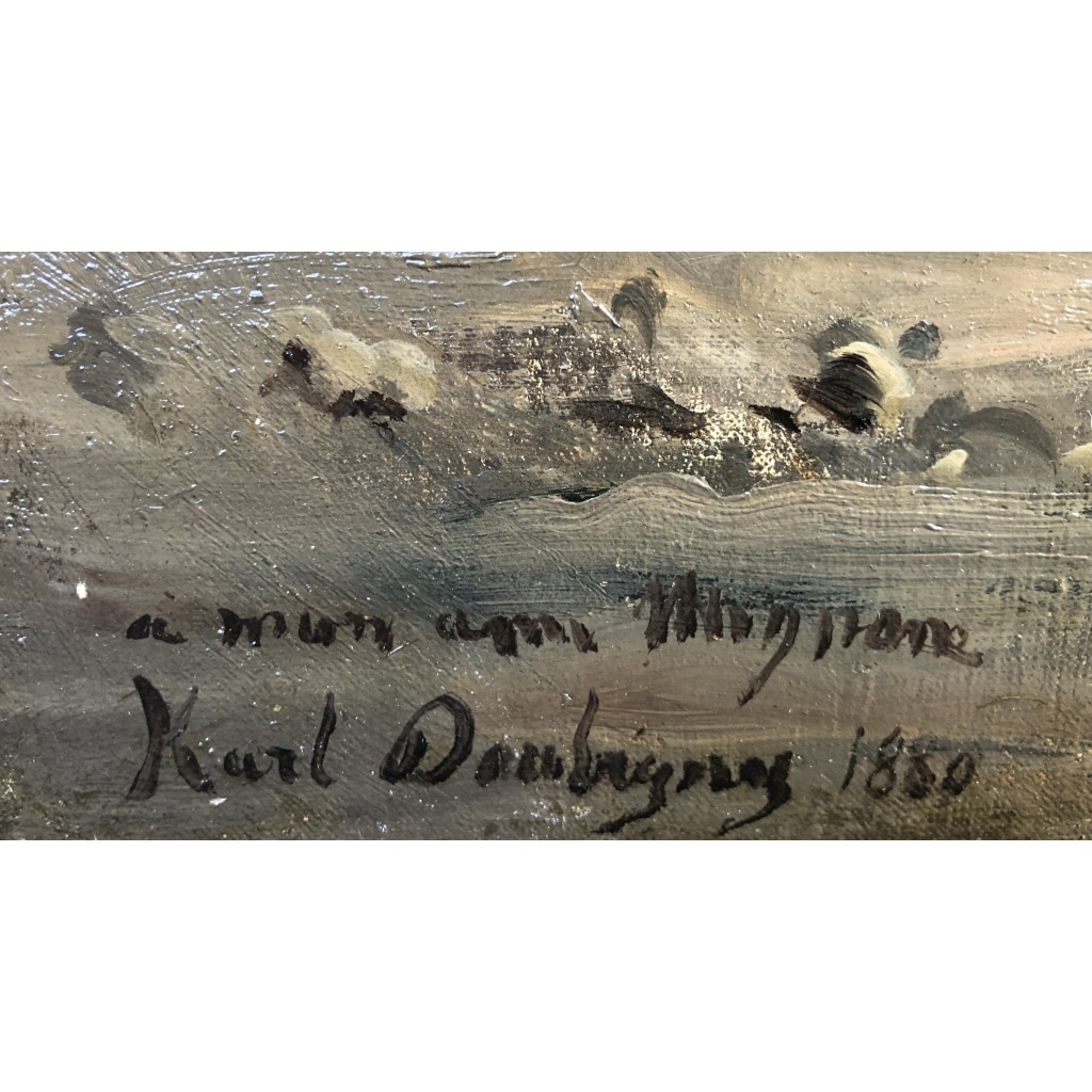DAUBIGNY Karl Soleil couchant en bord de mer Huile sur toile signée datée dédicacée Certificat d’authenticité. 3 DAUBIGNY Karl Soleil couchant en bord de mer Huile sur toile signée datée dédicacée Certificat d’authenticité. 3