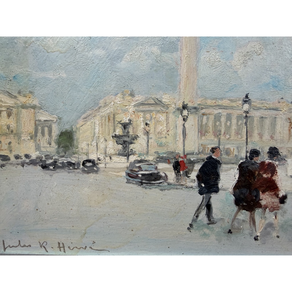 HERVE Jules Peinture Française 20è Paris animation Place de La Concorde Huile sur carton fort signée Certificat D’authenticité 7