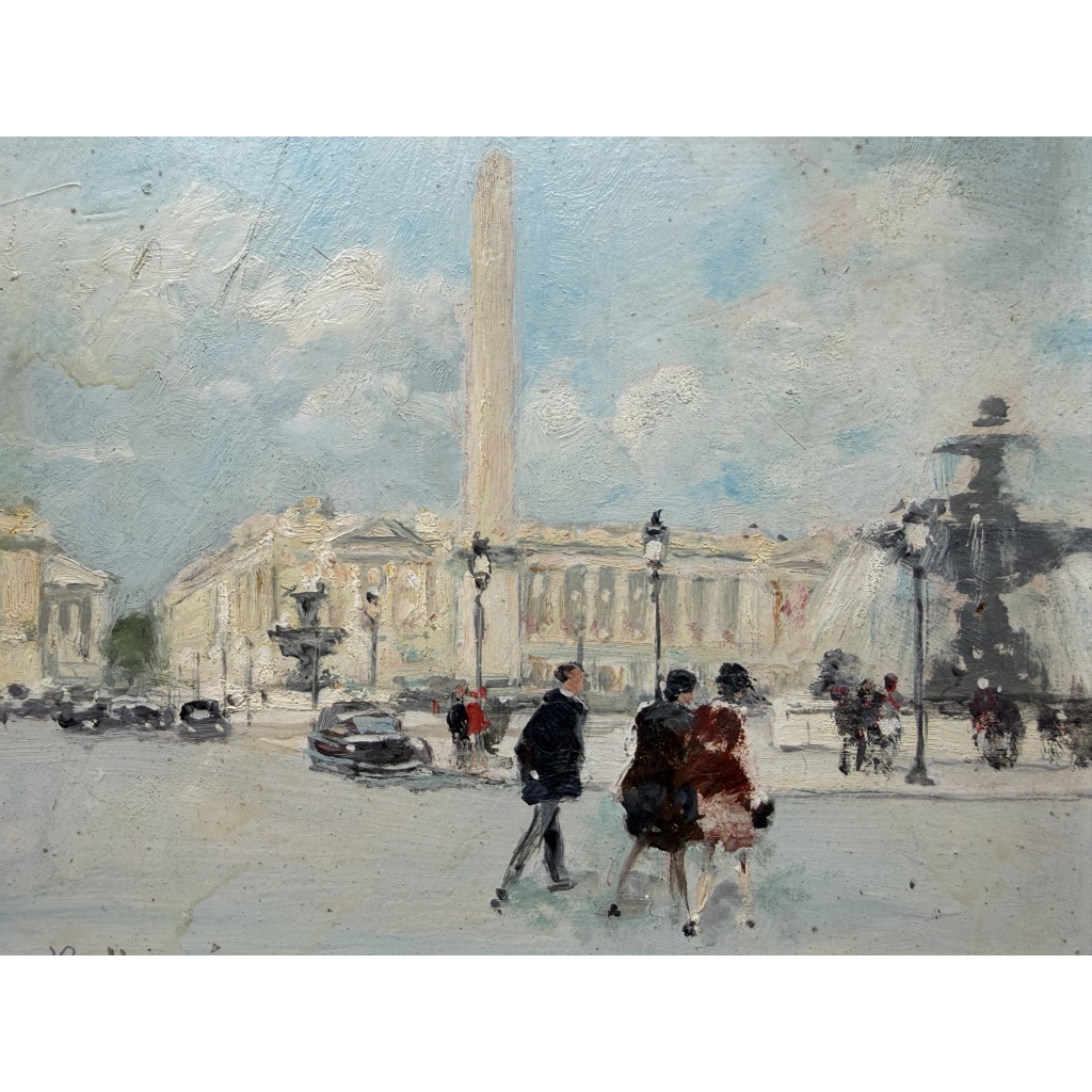 HERVE Jules Peinture Française 20è Paris animation Place de La Concorde Huile sur carton fort signée Certificat D’authenticité 8