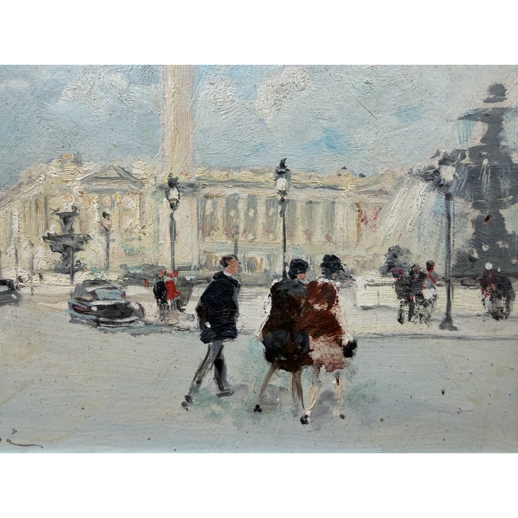 HERVE Jules Peinture Française 20è Paris animation Place de La Concorde Huile sur carton fort signée Certificat D’authenticité 3