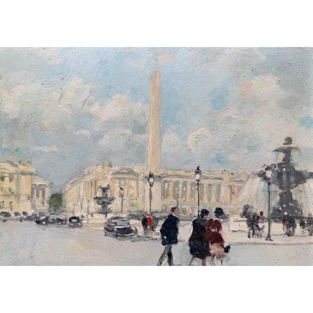 HERVE Jules Peinture Française 20è Paris animation Place de La Concorde Huile sur carton fort signée Certificat D’authenticité 4