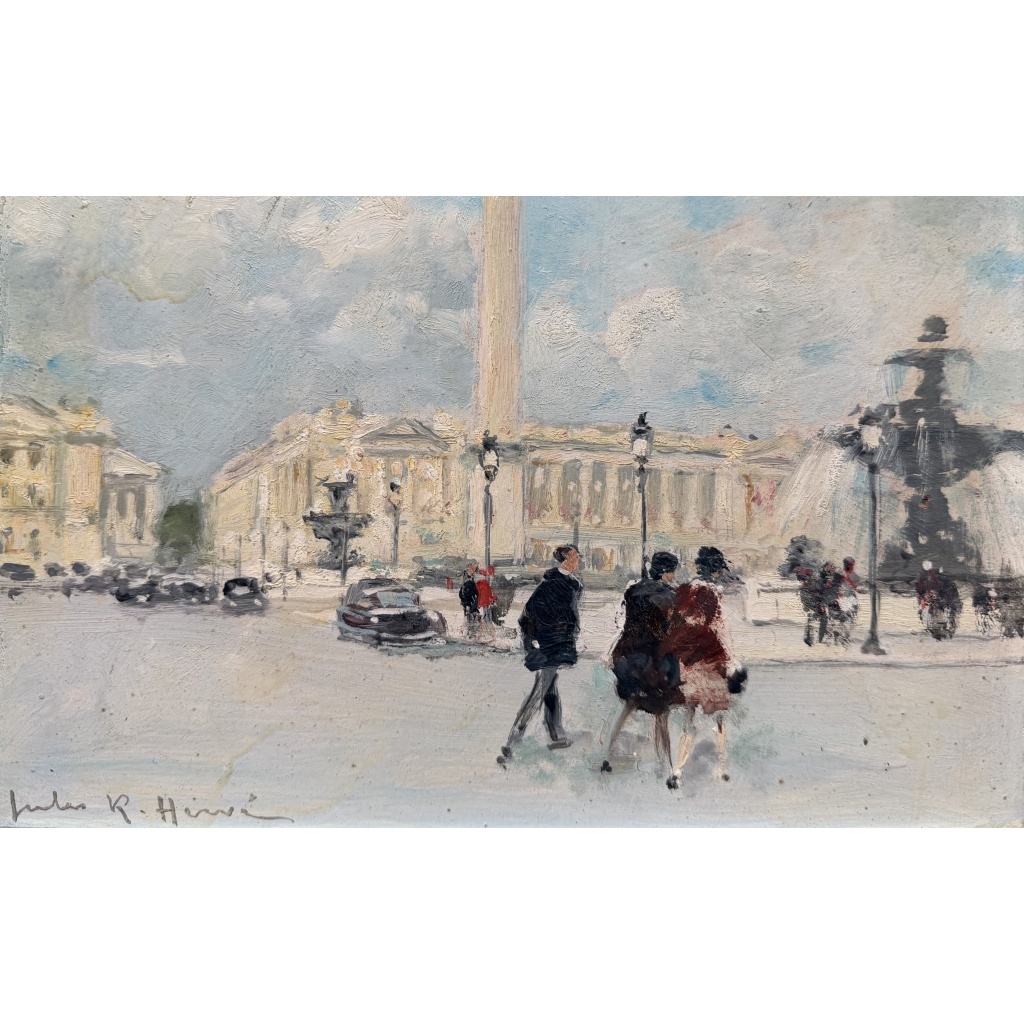 HERVE Jules Peinture Française 20è Paris animation Place de La Concorde Huile sur carton fort signée Certificat D’authenticité 5