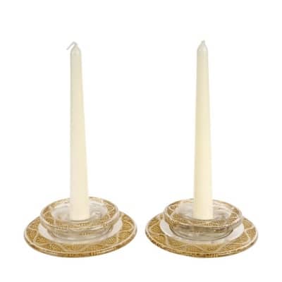 Paire de Bougeoirs « Ricquewihr » verre blanc patiné sépia de René LALIQUE Paire de Bougeoirs « Ricquewihr » verre blanc patiné sépia de René LALIQUE