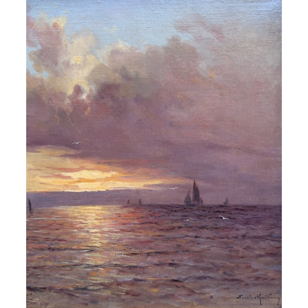 Emile MAILLARD Tableau Français fin 19è Coucher de soleil Huile sur toile signée Certificat d’authenticité. 13
