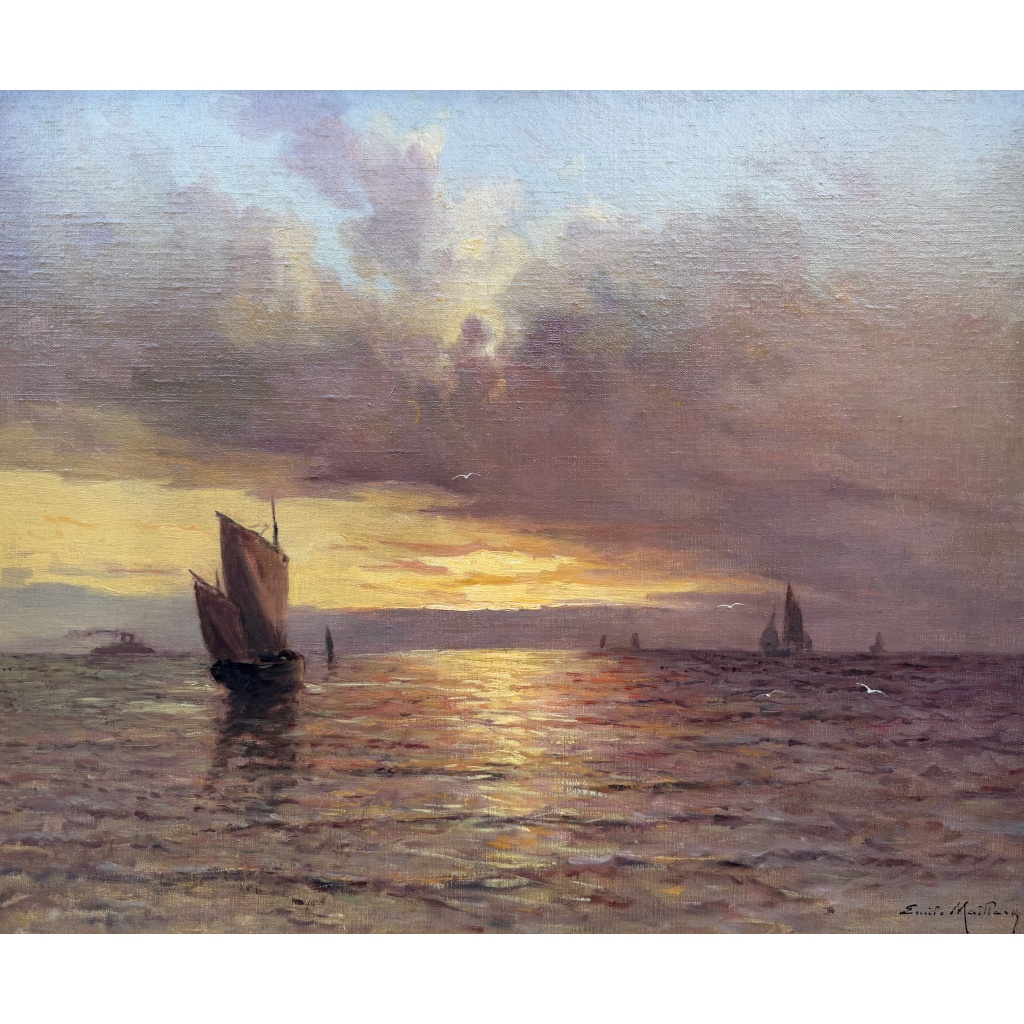 Emile MAILLARD Tableau Français fin 19è Coucher de soleil Huile sur toile signée Certificat d’authenticité. 10