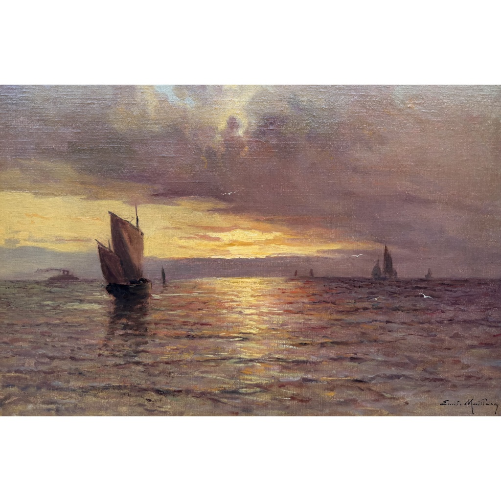 Emile MAILLARD Tableau Français fin 19è Coucher de soleil Huile sur toile signée Certificat d’authenticité. 12
