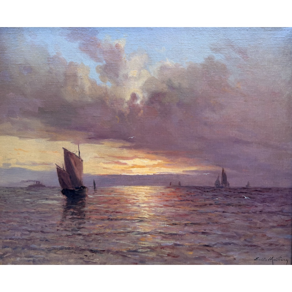 Emile MAILLARD Tableau Français fin 19è Coucher de soleil Huile sur toile signée Certificat d’authenticité. 6