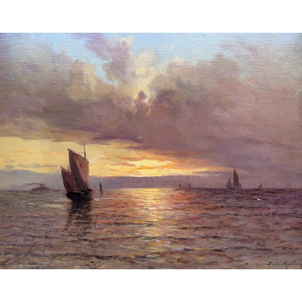 Emile MAILLARD Tableau Français fin 19è Coucher de soleil Huile sur toile signée Certificat d’authenticité. 8