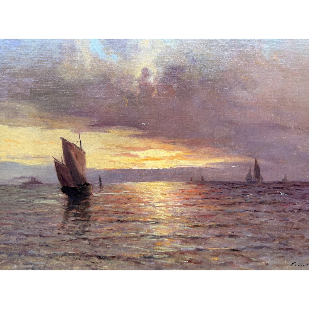 Emile MAILLARD Tableau Français fin 19è Coucher de soleil Huile sur toile signée Certificat d’authenticité. 14