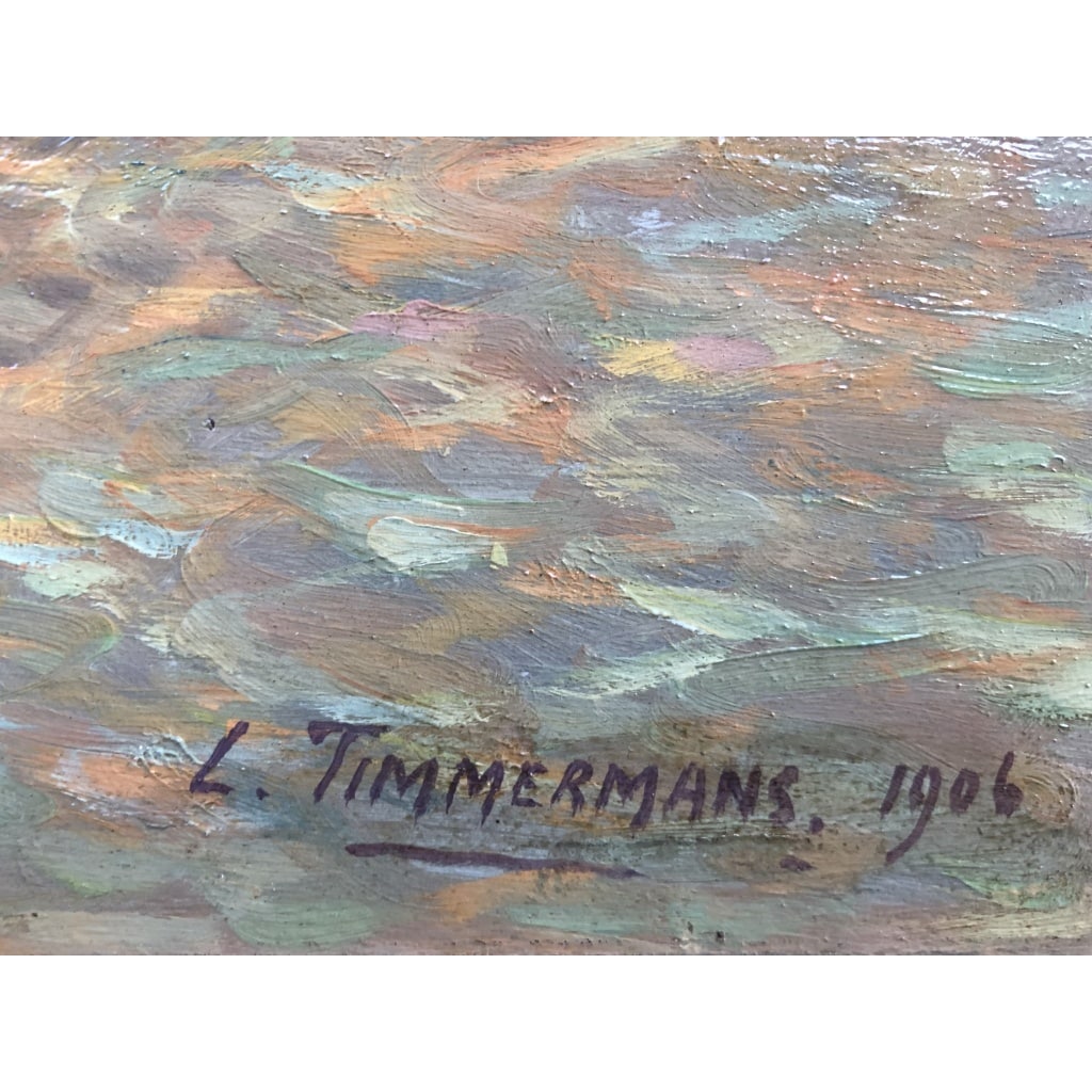 TIMMERMANS Louis Ecole Française début 20è Marine Retour de pêche Huile Sur panneau Signée Datée Certificat d’authenticité 9
