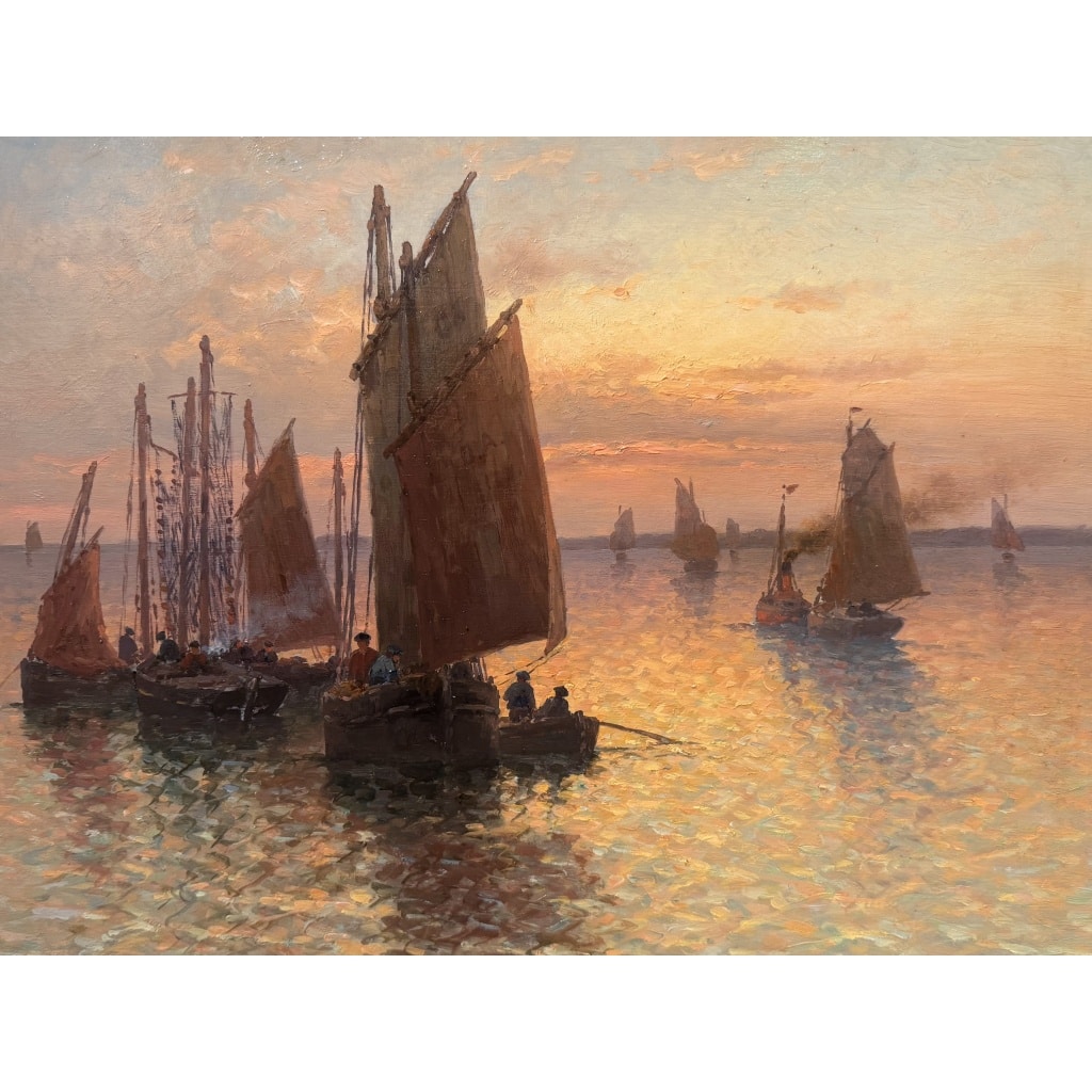 TIMMERMANS Louis Ecole Française début 20è Marine Retour de pêche Huile Sur panneau Signée Datée Certificat d’authenticité 4