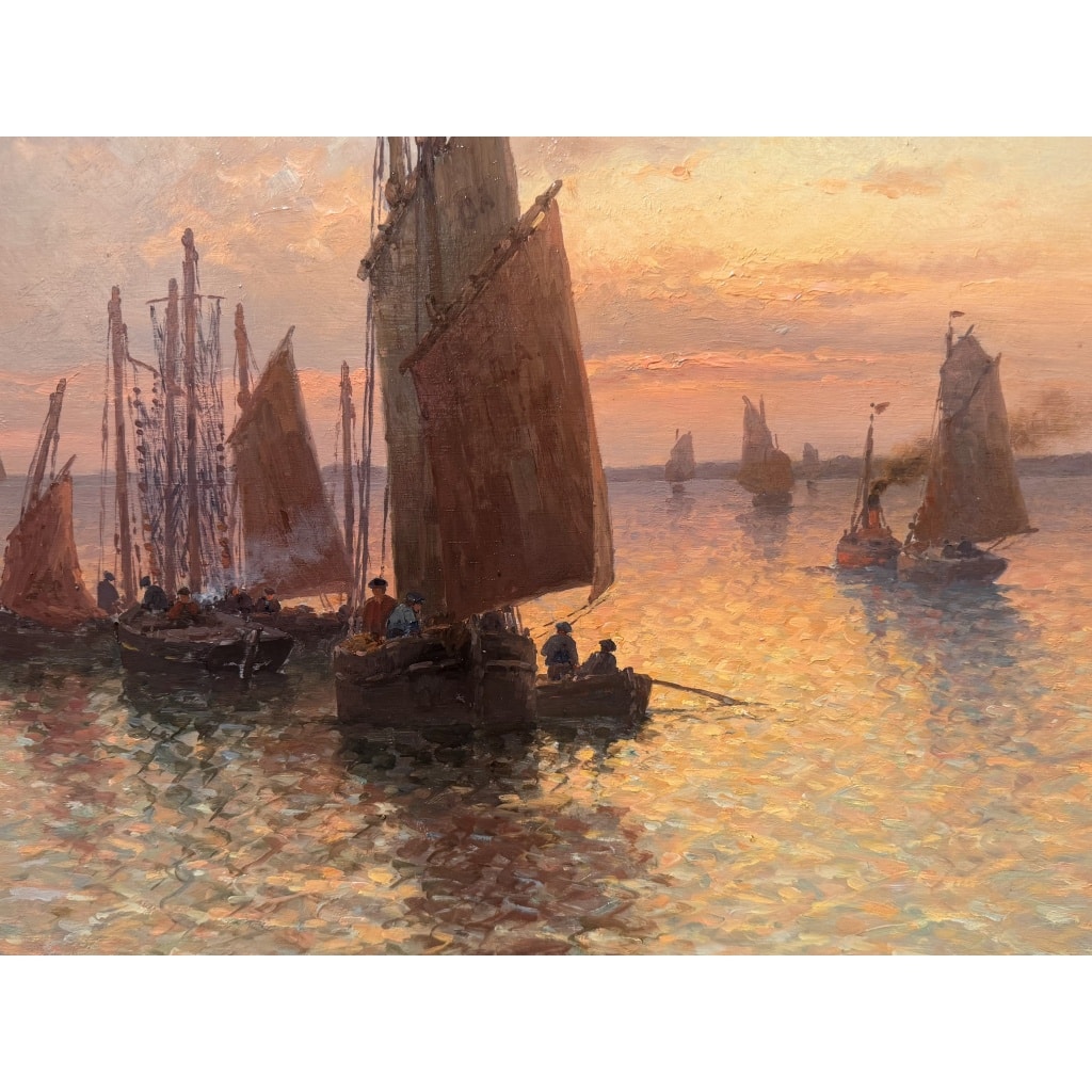 TIMMERMANS Louis Ecole Française début 20è Marine Retour de pêche Huile Sur panneau Signée Datée Certificat d’authenticité 3