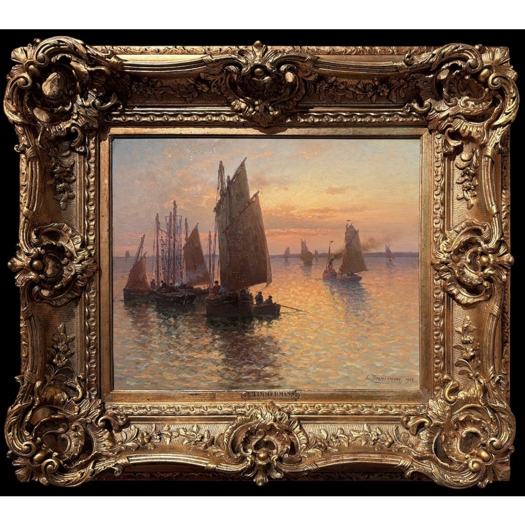 TIMMERMANS Louis Ecole Française début 20è Marine Retour de pêche Huile Sur panneau Signée Datée Certificat d’authenticité 11
