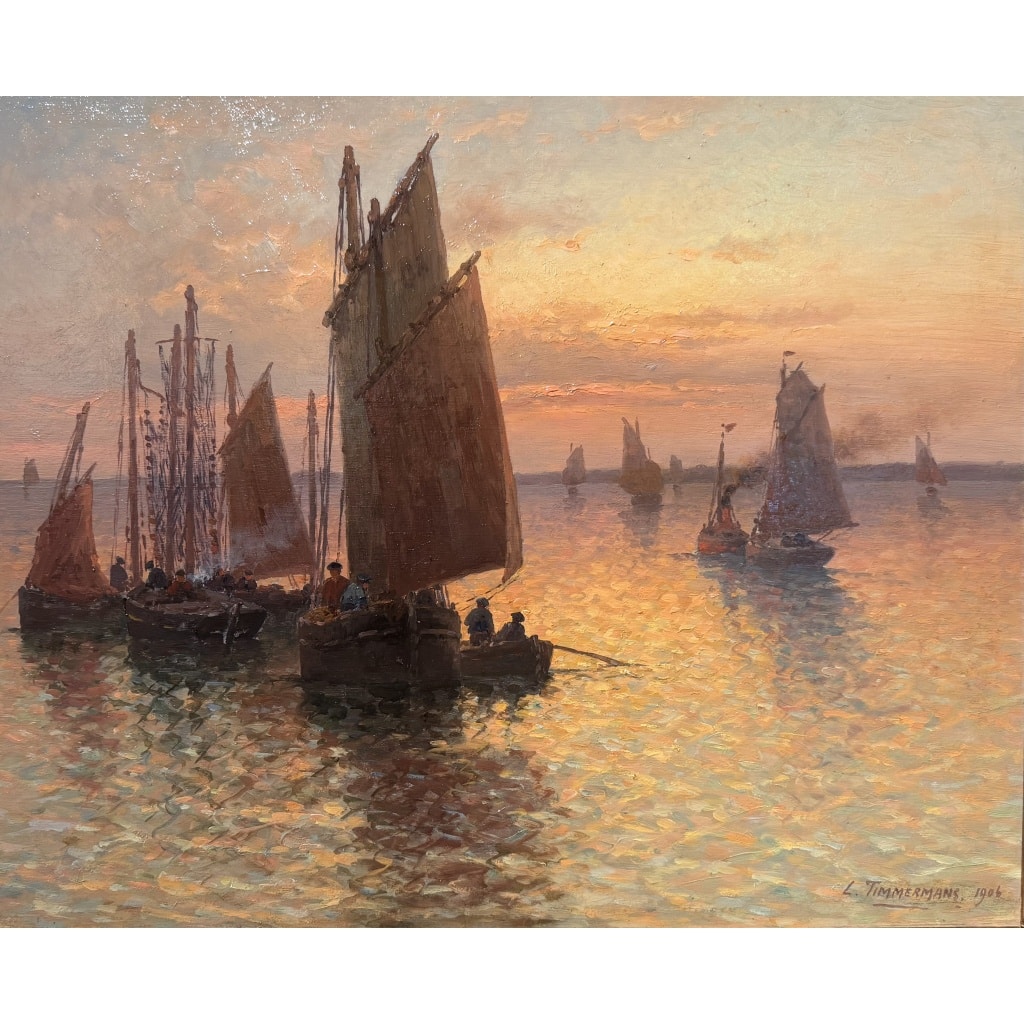 TIMMERMANS Louis Ecole Française début 20è Marine Retour de pêche Huile Sur panneau Signée Datée Certificat d’authenticité 7