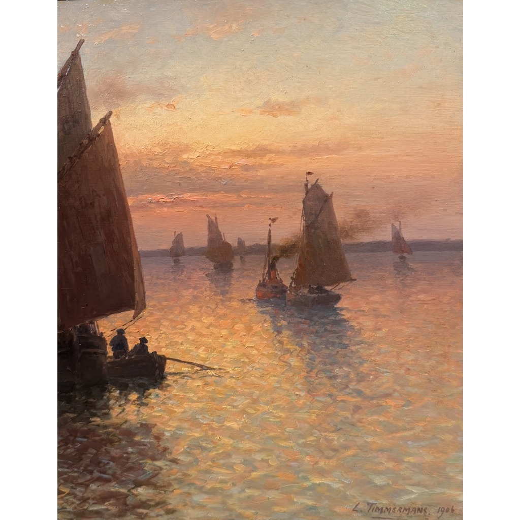 TIMMERMANS Louis Ecole Française début 20è Marine Retour de pêche Huile Sur panneau Signée Datée Certificat d’authenticité 13