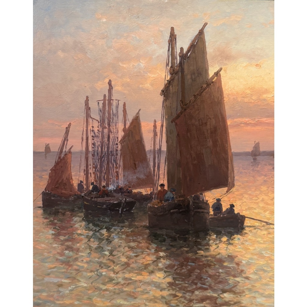 TIMMERMANS Louis Ecole Française début 20è Marine Retour de pêche Huile Sur panneau Signée Datée Certificat d’authenticité 6