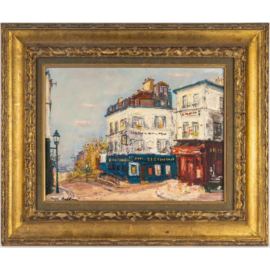 Serge Belloni (1925-2005) – Le Café de la Rue des Saules en Automne huile sur bois vers 1980 2 Serge Belloni (1925-2005) – Le Café de la Rue des Saules en Automne huile sur bois vers 1980 2