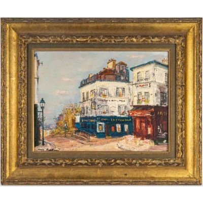 Serge Belloni (1925-2005) – Le Café de la Rue des Saules en Automne huile sur bois vers 1980 Serge Belloni (1925-2005) – Le Café de la Rue des Saules en Automne huile sur bois vers 1980