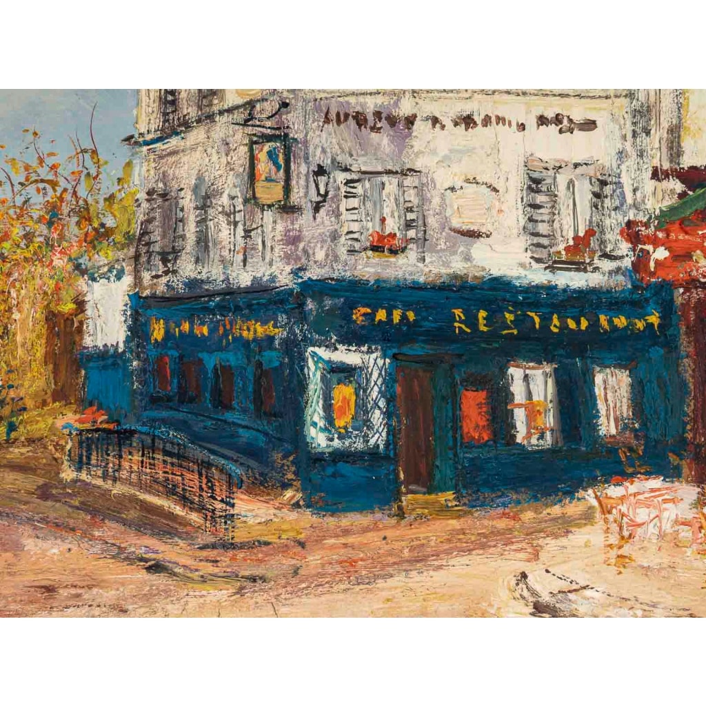 Serge Belloni (1925-2005) – Le Café de la Rue des Saules en Automne huile sur bois vers 1980 4 Serge Belloni (1925-2005) – Le Café de la Rue des Saules en Automne huile sur bois vers 1980 4