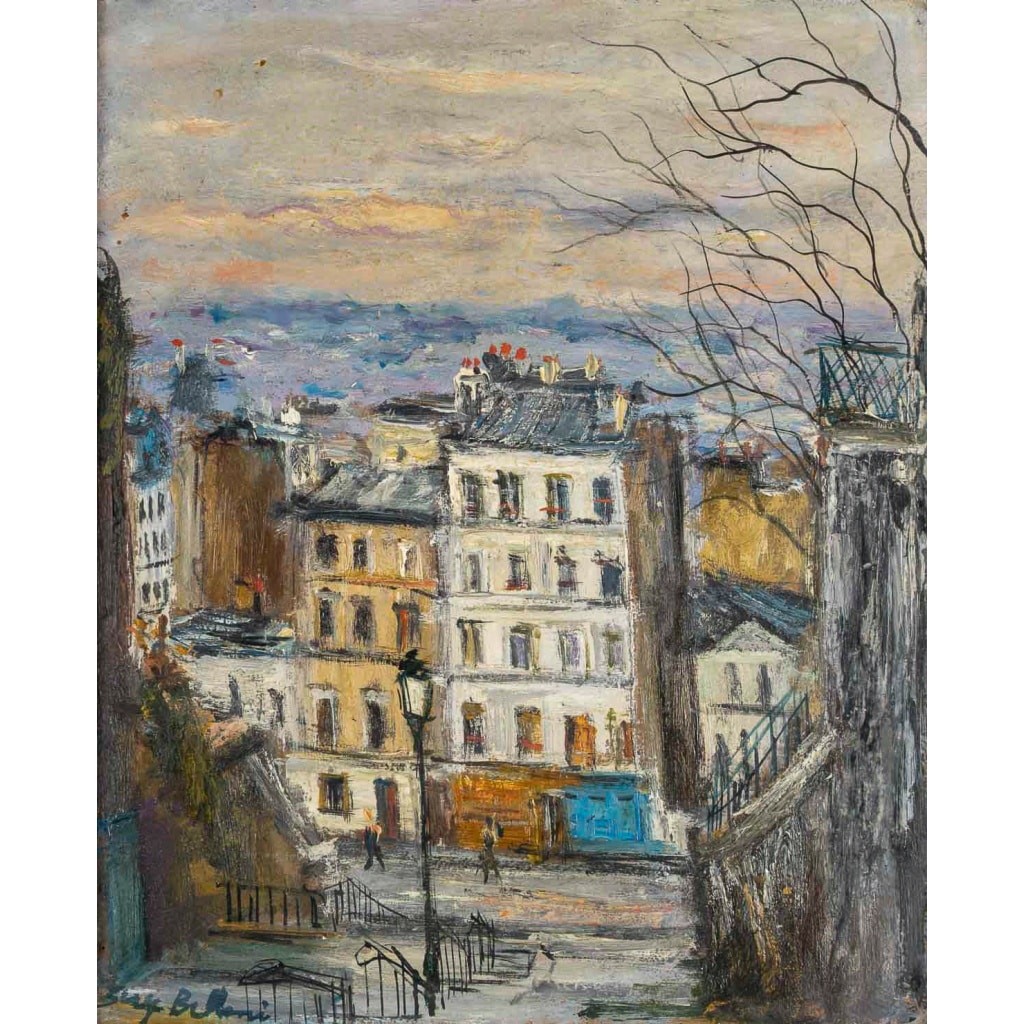 Serge Belloni (1925-2005) L’escalier de la rue du Calvaire à Montmartre huile sur panneau vers 1950-1960 3 Serge Belloni (1925-2005) L’escalier de la rue du Calvaire à Montmartre huile sur panneau vers 1950-1960 3