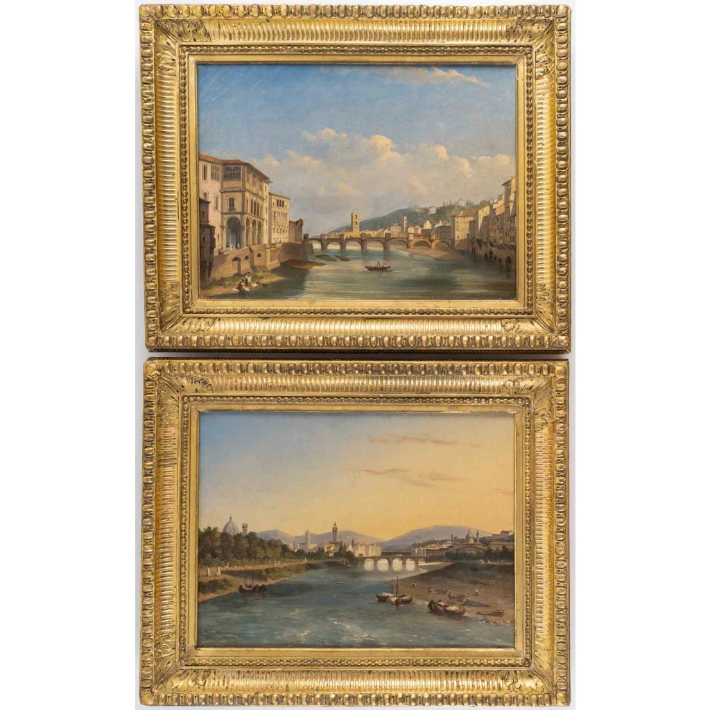 Charles-Edouard Hugot (1815-1886) – Vues animées des rives de l’Arno, Florence vers 1843