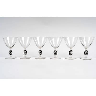 Suite de 6 Coupes à Champagne « Thionville » verre blanc émaillé noir de René LALIQUE