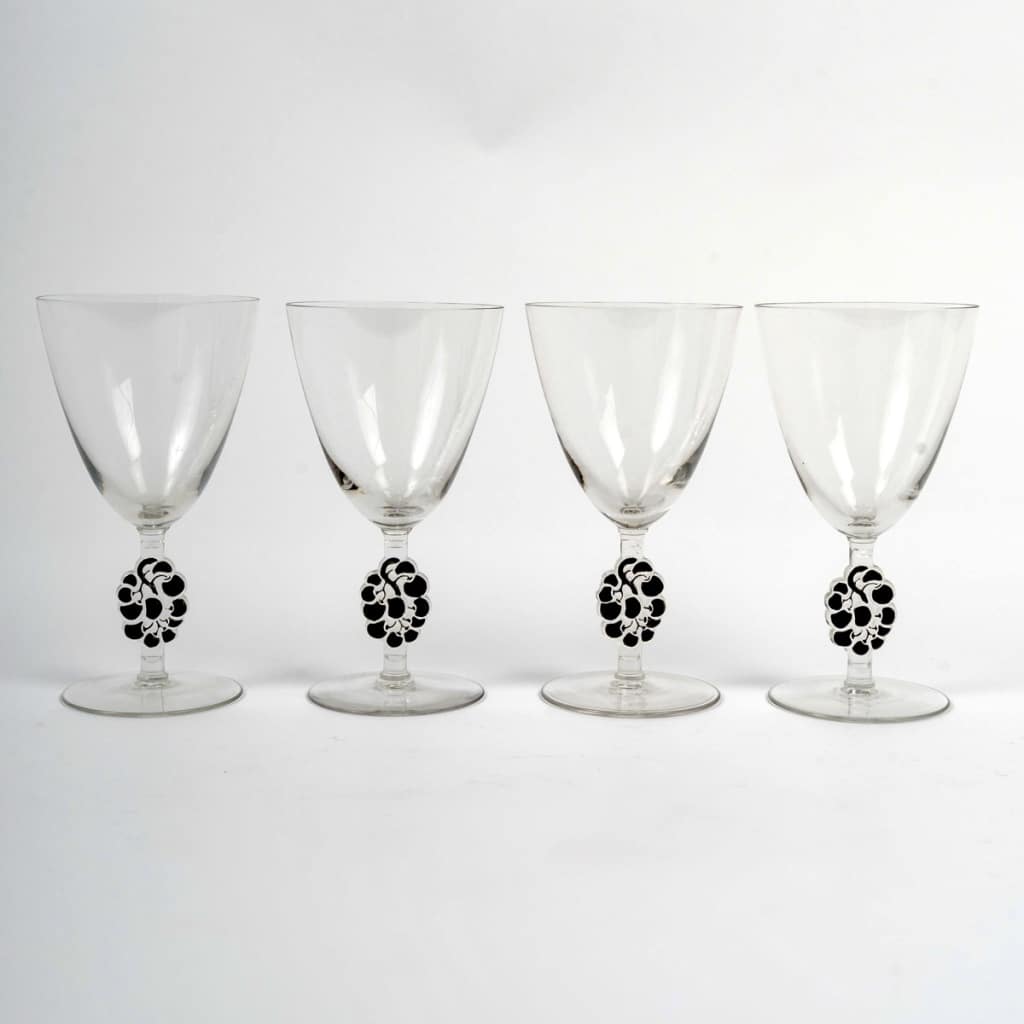 Suite de 4 verres à Eau « Thionville » verre blanc émaillé noir de René LALIQUE 2