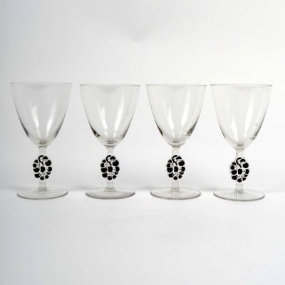 Suite de 4 verres à Eau « Thionville » verre blanc émaillé noir de René LALIQUE