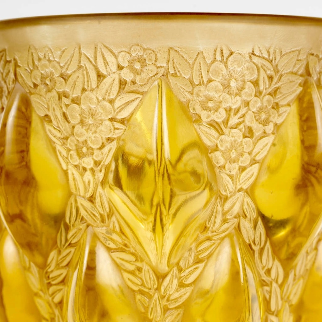 Vase « Rampillon » verre jaune ambré patiné sépia de René LALIQUE 5