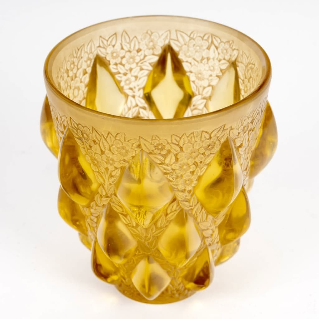Vase « Rampillon » verre jaune ambré patiné sépia de René LALIQUE 4